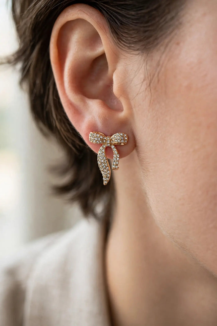 Crystal Bow Stud Earrings – Pavé Ribbon Bow, Gold & Silver