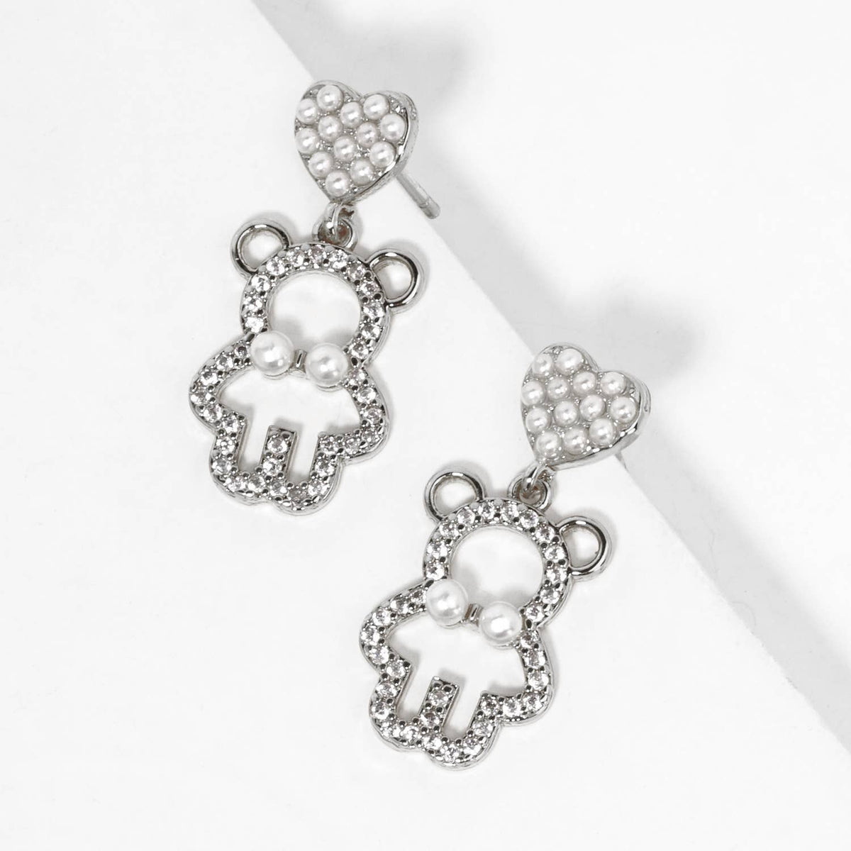Cubic Zirconia Pearl Heart Bear Dangle Earrings