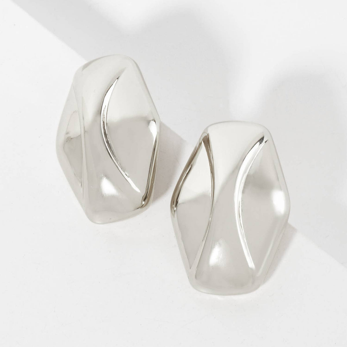 Polished Brass Soft-Curve Lined Hexagon Stud Earrings