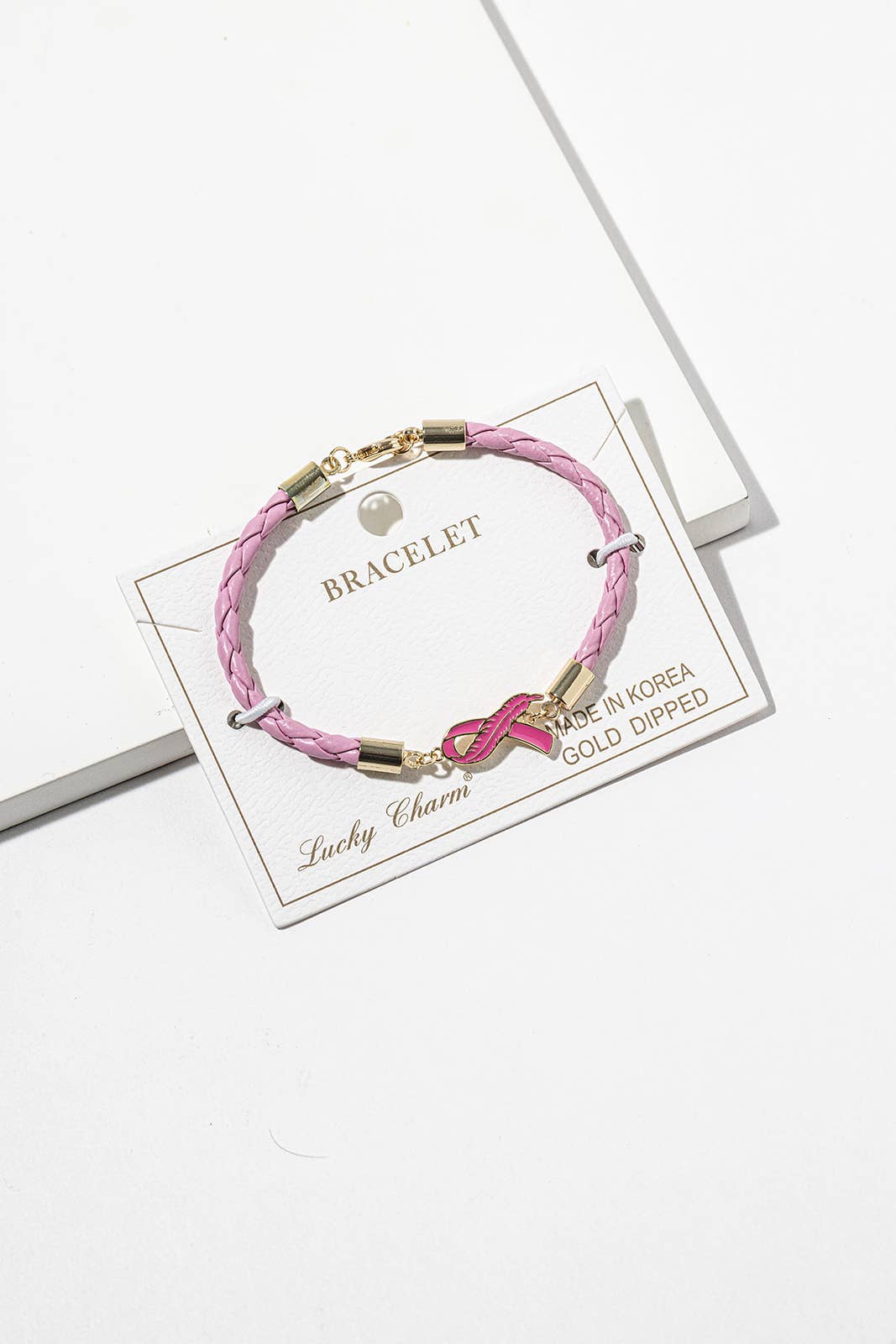 Pink Feather Ribbon Braided Bracelet – Gold-Dipped Awareness