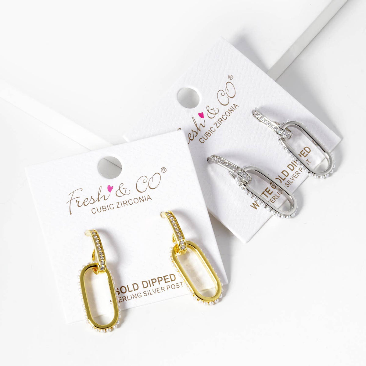 Geometric Pave Oval & Pearl Drop Earrings