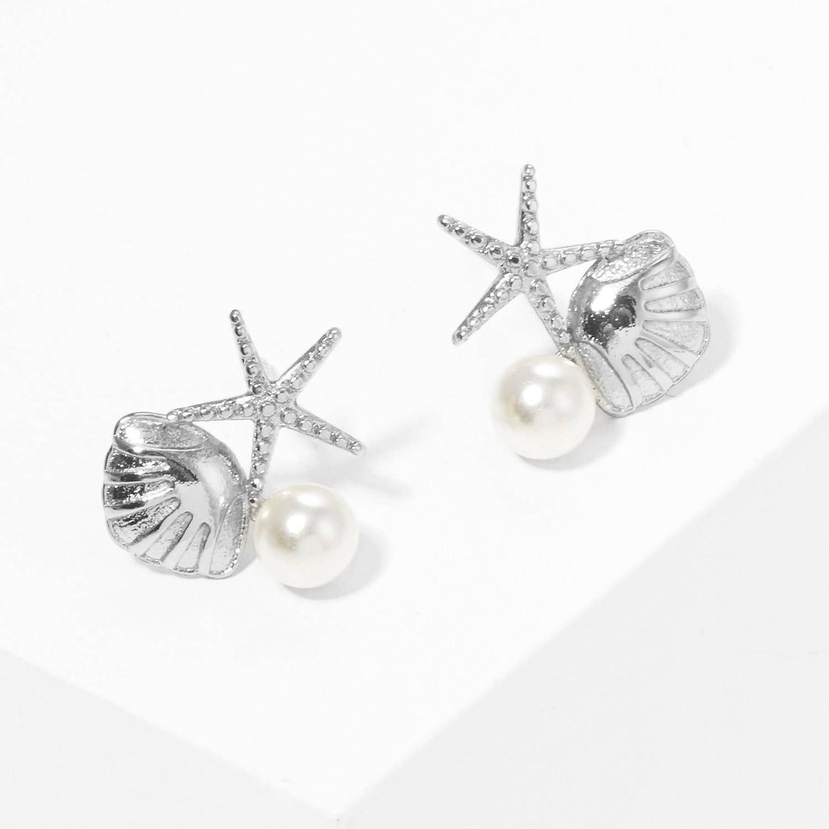 Gold Freshwater Pearl Seashell & Starfish Stud Earrings
