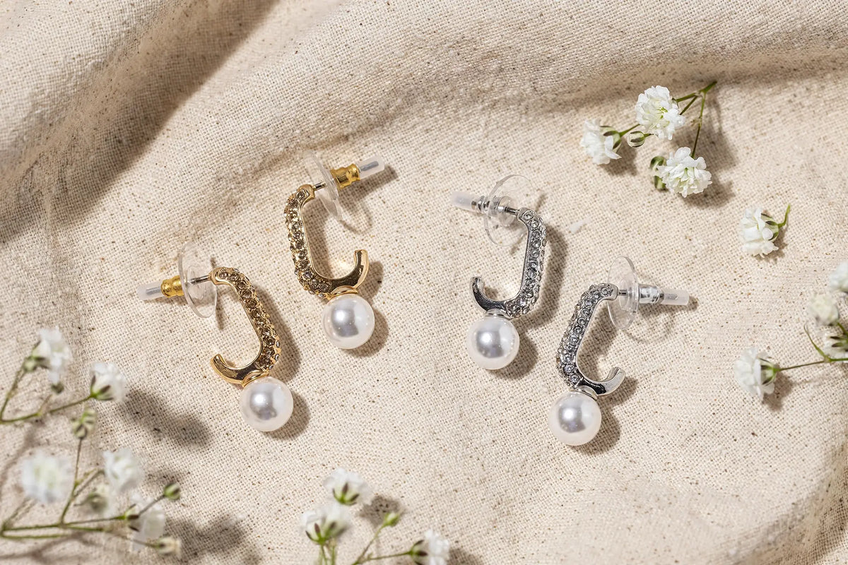 Crystal J-Hook Pearl Drop Earrings – Pavé Curve with Pearl