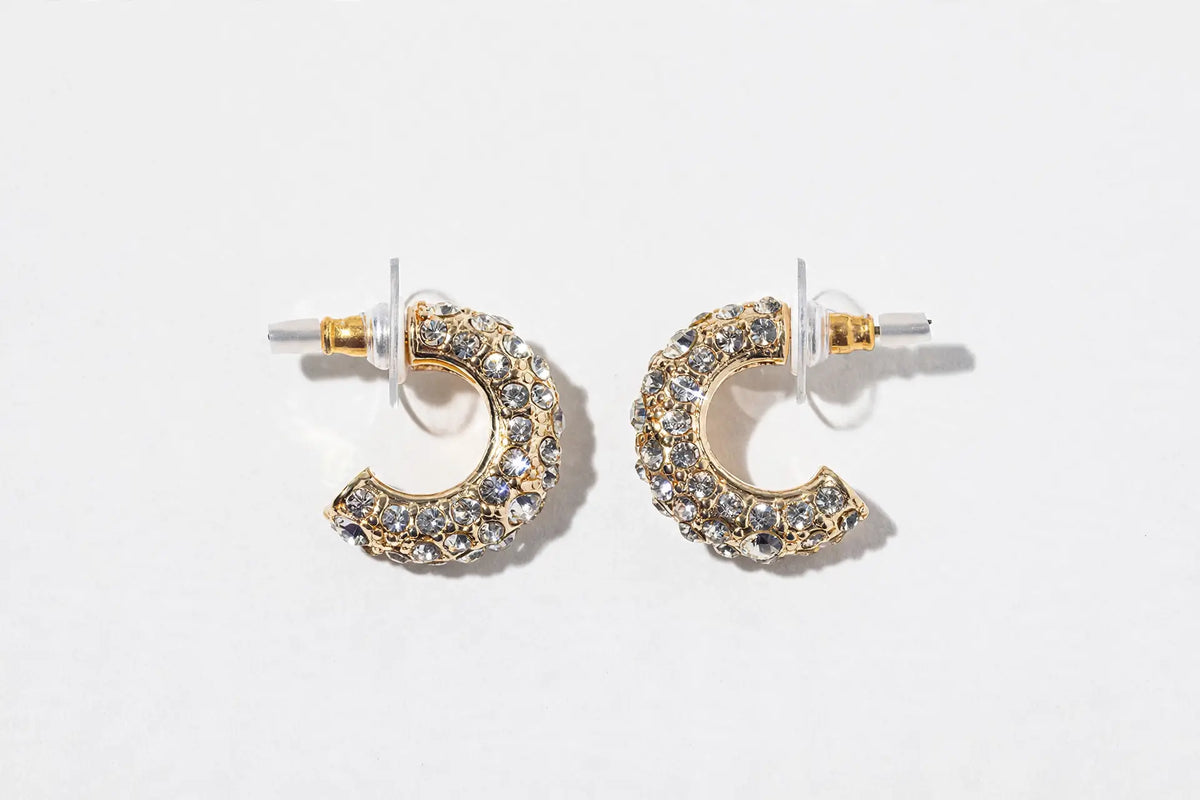 Crystal Half-Hoop Earrings – Pavé Dome Crescent, Gold