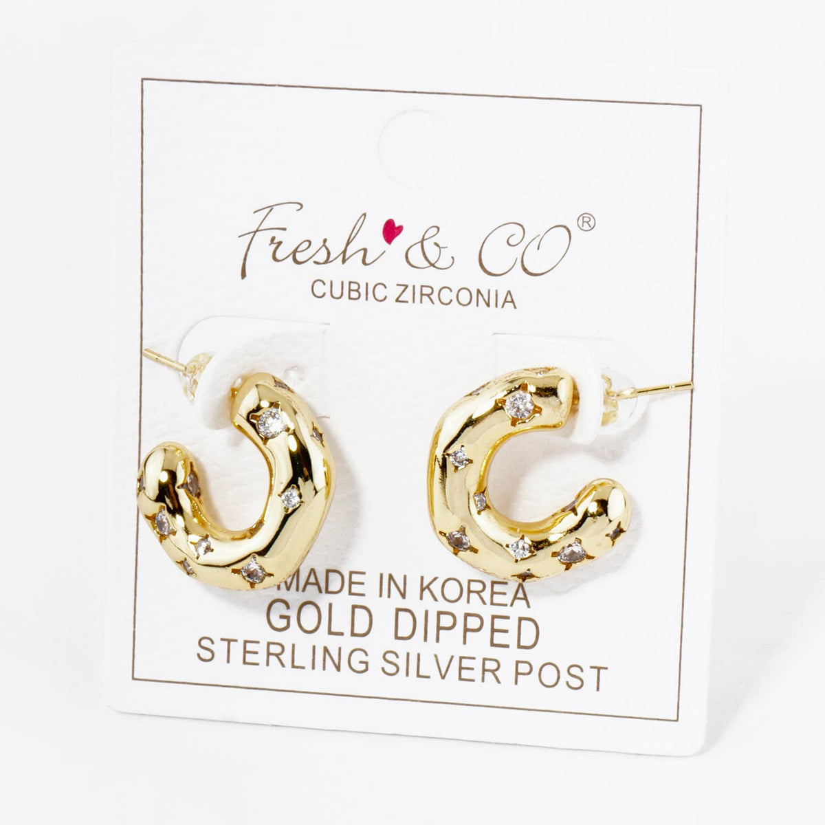 18K GOLD DIPPED CUBIC ZIRCONIA EMBEDDED 15MM ORGANIC HOOP
