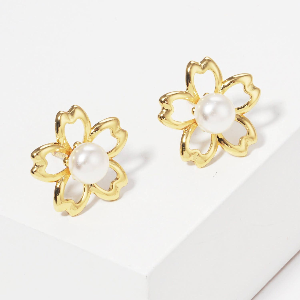 Gold Freshwater Pearl Floral Stud Earrings