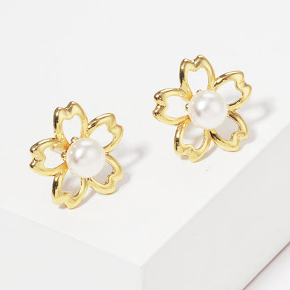 Gold Freshwater Pearl Floral Stud Earrings