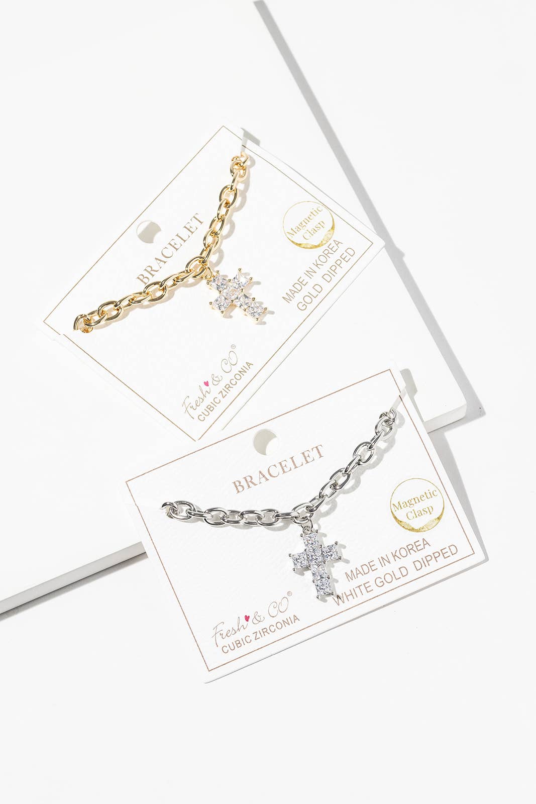 Sparkling CZ Cross Charm Bracelet with Magnetic Clasp