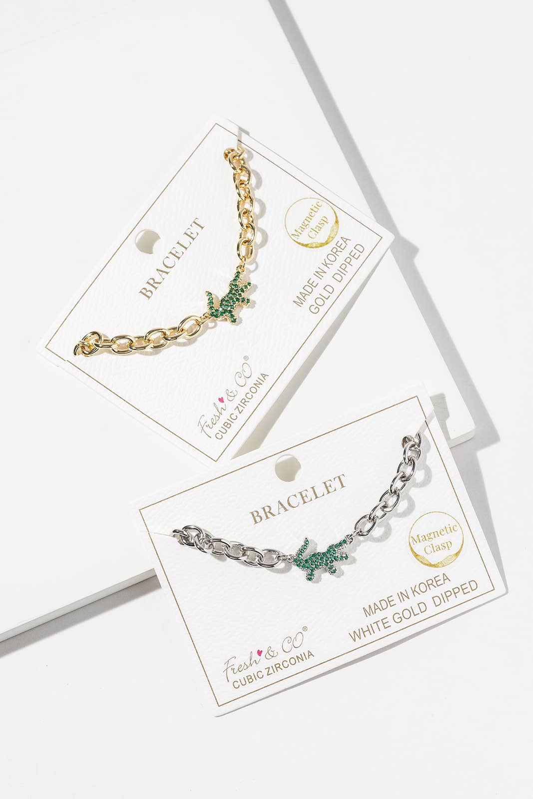 Pavé Green Alligator Magnetic Clasp Link Chain Bracelet