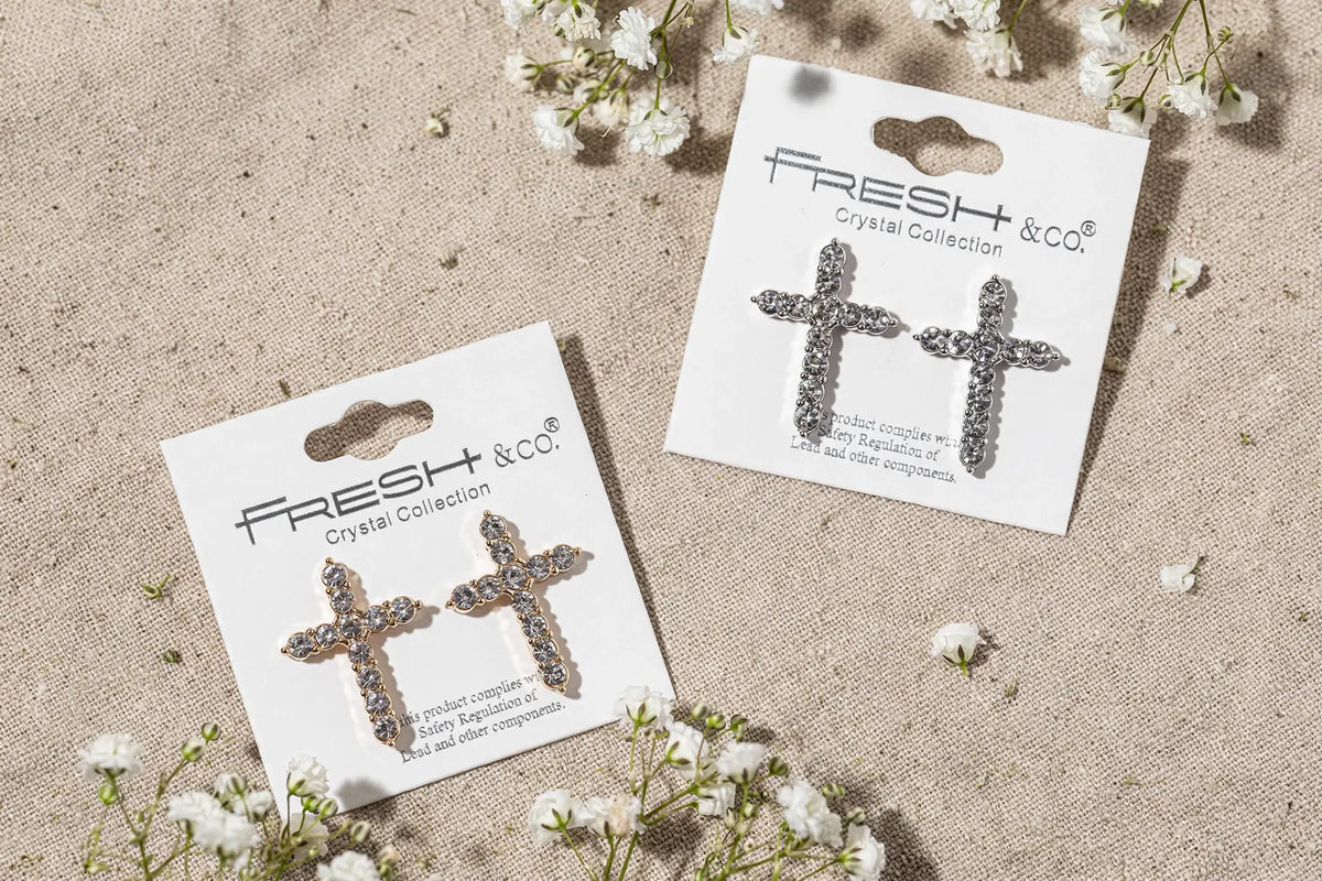 Big Crystal Cross Stud Earrings – Bold Round-Crystal Cross,