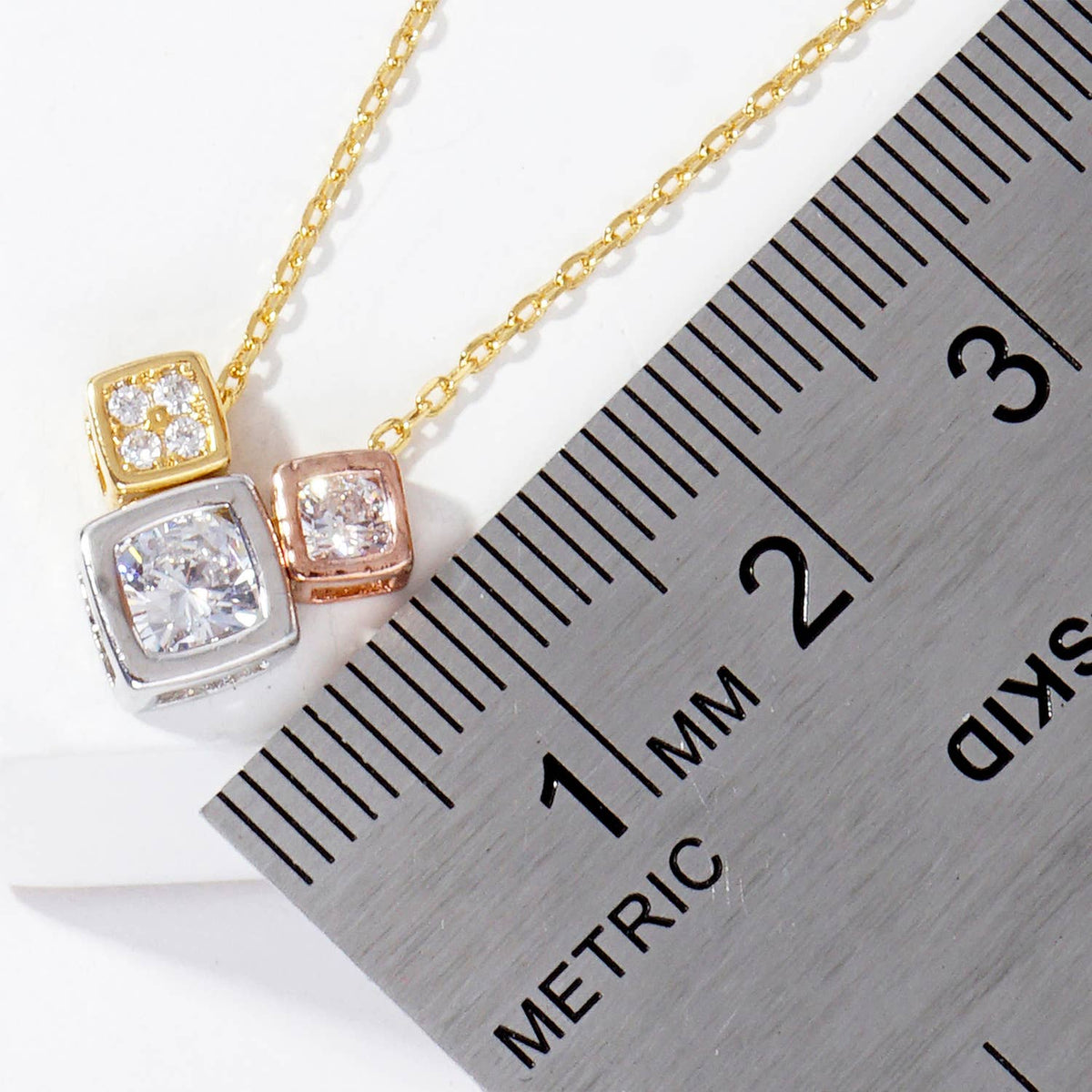 Geometric Tri-Tone Cube Charm Necklace