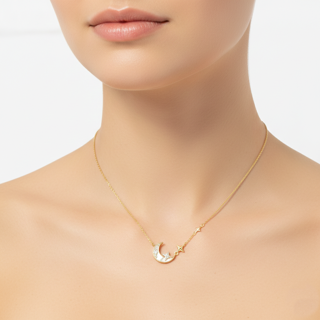 Mother of Pearl Crescent Moon and Star Pendant Necklace