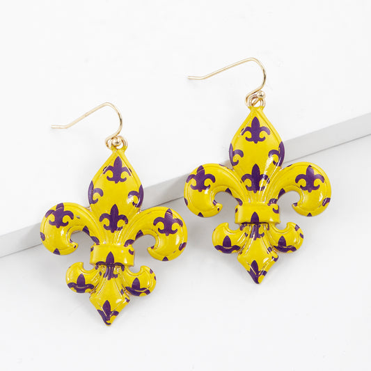 Gold Plated Yellow Purple Fleur De Lis Dangle Earrings