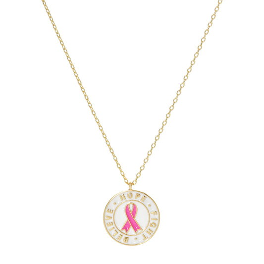 White Shelled Breast Cancer Awareness Ribbon Coin Necklace