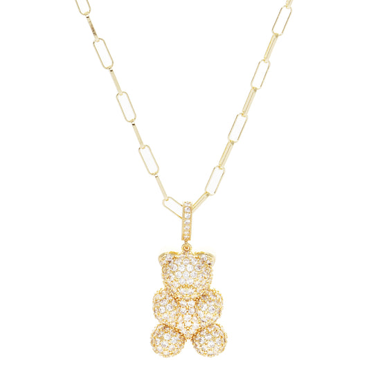 Gold Cubic Embedded Teddy Bear Necklace