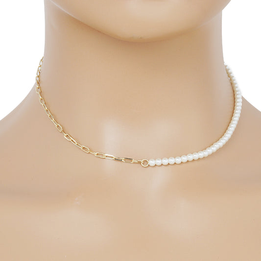Gold Plated Half Pearl Half Chain Necklace